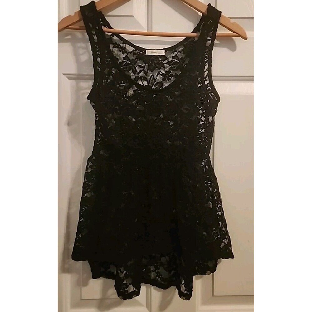 Lovely Womens Black Baby Doll Top Medium Y2k Sheer Lacy High Low Tank